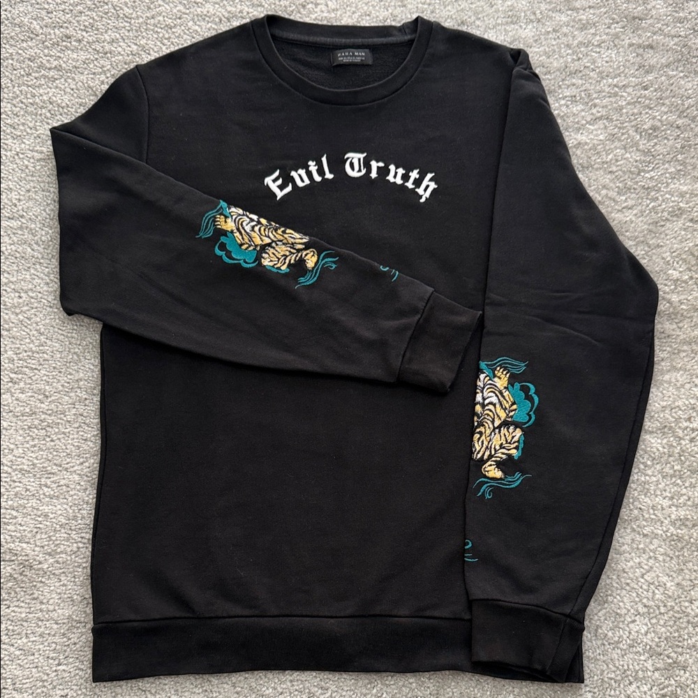 Zara Black Crewneck Sweater with Embroidery